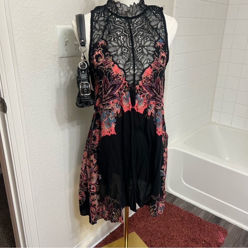 Intimately Free People black pink floral tank boho dress spring cottage lace